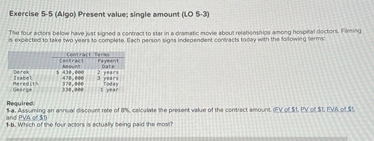 Exercise 5-5 (Algo) Present value; single amount (LO 5-3)
The four actors below have just signed a contract to star in a dramatic movie about relationships among hospital doctors. Filming
is expected to take two years to complete. Each person signs independent contracts today with the following terms:
Contract Terms
Contract
Amount
Payment
Date
2 years
Derek
Isabel
Meredith
George
Required:
$ 430,000
470,000
3 years
370,000
330,000
Today
1 year
1-a. Assuming an annual discount rate of 8%, calculate the present value of the contract amount. (FV of $1, PV of $1, FVA of $1.
and PVA of $1)
1-b. Which of the four actors is actually being paid the most?