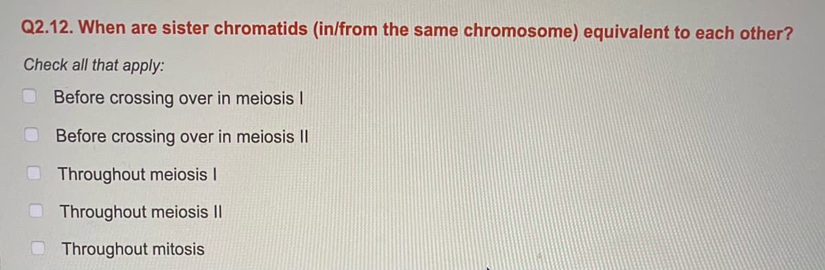 Q2.12. When are sister chromatids (in/from the same chromosome) equivalent to each other?
Check all that apply:
Before crossing over in meiosis I
Before crossing over in meiosis ||
Throughout meiosis I
Throughout meiosis II
Throughout mitosis
