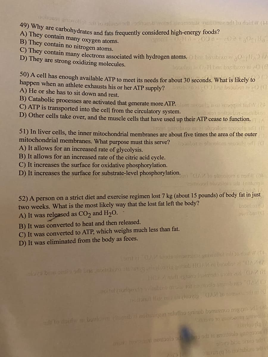ny are carbohydrates and fats frequently considered high-energy foods?
A) They contain many oxygen atoms.
B) They contain no nitrogen atoms.
mey contain many electrons associated with hydrogen atoms. O bns bovibixo ei Ocla (A
D) They are strong oxidizing molecules.
boonbon ar OcH bas basibizo zi O (
50) A cell has enough available ATP to meet its needs for about 30 seconds. What is likely to
happen when an athlete exhausts his or her ATP supply?
A) He or she has to sit down and rest.
boxibizo 2i 0 bra boouber ai 0 (a
B) Catabolic processes are activated that generate more ATP.om 20ula nol ensqgeri Jer W.(e
C) ATP is transported into the cell from the circulatory system.
Snodonsr noioubor-nousbixo
D) Other cells take over, and the muscle cells that have used up their ATP cease to function. A
nsun paisibixo an 2t olgolom s20oulg sd (8
51) In liver cells, the inner mitochondrial membranes are about five times the area of the outer
mitochondrial membranes. What purpose must this serve?
A) It allows for an increased rate of glycolysis.
B) It allows for an increased rate of the citric acid cycle.
C) It increases the surface for oxidative phosphorylation.
D) It increases the surface for substrate-level phosphorylation. Ao oluosiome rorW (OF
boonbor zi sluolom seooule srd (a
29mod oluolom art (notoiq
52) A person on a strict diet and exercise regimen lost 7 kg (about 15 pounds) of body fat in just
boouban0
boxobor ((
two weeks. What is the most likely way that the lost fat left the body?
A) It was released as CO2 and H20.
B) It was converted to heat and then released.
C) It was converted to ATP, which weighs much less than fat.
D) It was eliminated from the body as feces.
fomt ziCAM luods inormsici gniwollol elt lo rloirW (A
abro bios onlio ad bnenoitebixo stvUvgziazloovig gonub HGAM oi bosuban ai CAM
noitel odqorlg visbixo ni oal tot 20015ois arenob s CIAO
d lo dai t bovlovni viloenib ei nobsiqeen 1elullao griub bormeoo nog xo T (
2iayloovlg
sovo bios oiio sdt (
vUTg lo noinsbixo ade
