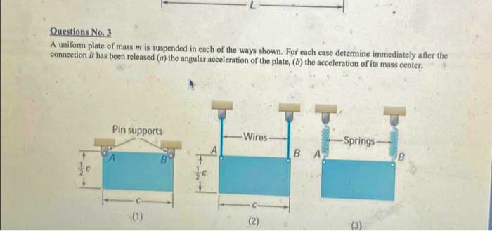 Questions No. 3
A uniform plate of mass m is suspended in each of the ways shown. For each case determine immediately after the
connection B has been released (a) the angular acceleration of the plate, (b) the acceleration of its mass center.
Pin supports
(1)
to
A
-Wires-
(2)
BA
-Springs-
(3)
B