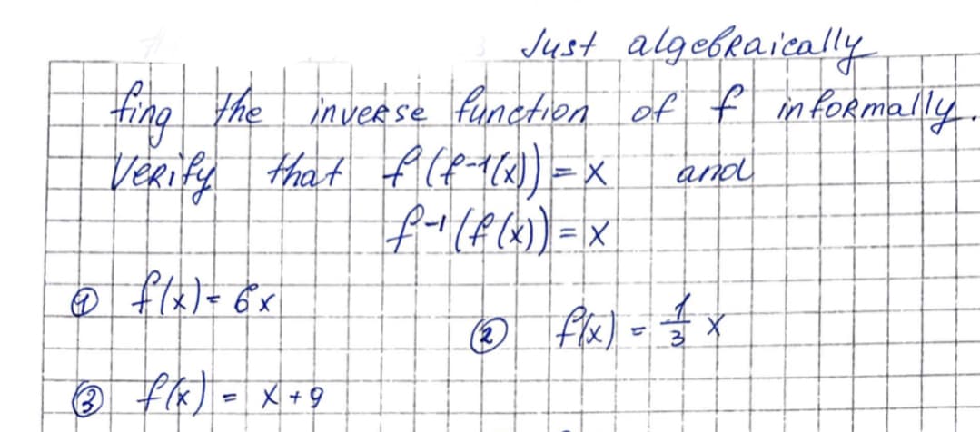 Just algebraically
fing the inverse function of f in formally
VeRify that flf 0)=x
and
® flx) - X +9
