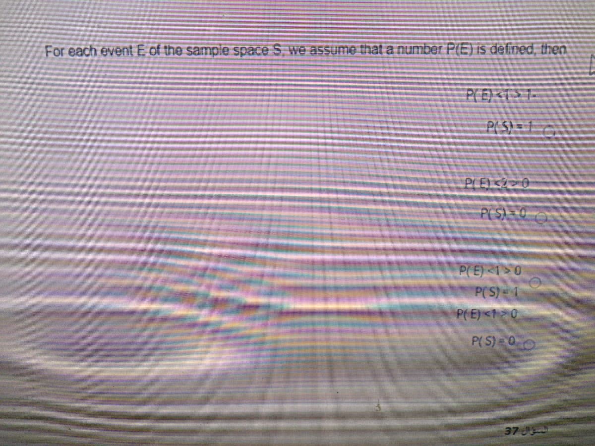 For each eventE of the samplo space S, we assume that a number P(E) is defined then
PES) 10
P(E) <2>0
PLS) 三0 O
PrE)<t>0
P(E)<1>0
PES) 0 O
37J
