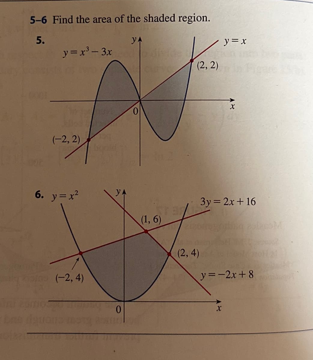 5-6 Find the area of the shaded region.
5.
y=x²-3x
(-2,2)
6. y=x²
YA
(2, 2)
V
(-2,4)
0
(1,6)
(2,4)
y = x
X
3y = 2x+16
X
y=-2x+8