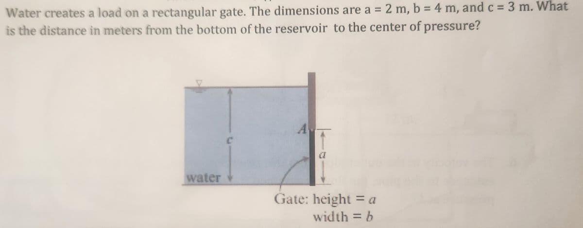 Water creates a load on a rectangular gate. The dimensions are a = 2 m, b = 4 m, and c = 3 m. What
is the distance in meters from the bottom of the reservoir to the center of pressure?
water
Gate: height = a
width = b