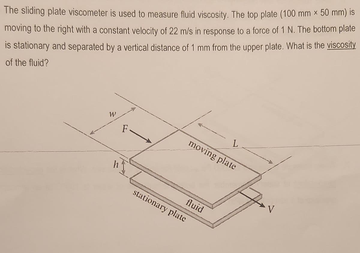 The sliding plate viscometer is used to measure fluid viscosity. The top plate (100 mm × 50 mm) is
moving to the right with a constant velocity of 22 m/s in response to a force of 1 N. The bottom plate
is stationary and separated by a vertical distance of 1 mm from the upper plate. What is the viscosity
of the fluid?
W
h
F
L
moving plate
stationary plate
fluid
V