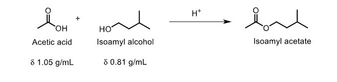 H*
HO,
но
Acetic acid
Isoamyl alcohol
Isoamyl acetate
8 1.05 g/mL
8 0.81 g/mL
