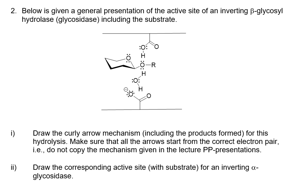 2. Below is given a general presentation of the active site of an inverting B-glycosyl
hydrolase (glycosidase) including the substrate.
:0: O
Ö-R
:0:
H
i)
Draw the curly arrow mechanism (including the products formed) for this
hydrolysis. Make sure that all the arrows start from the correct electron pair,
i.e., do not copy the mechanism given in the lecture PP-presentations.
ii)
Draw the corresponding active site (with substrate) for an inverting a-
glycosidase.
