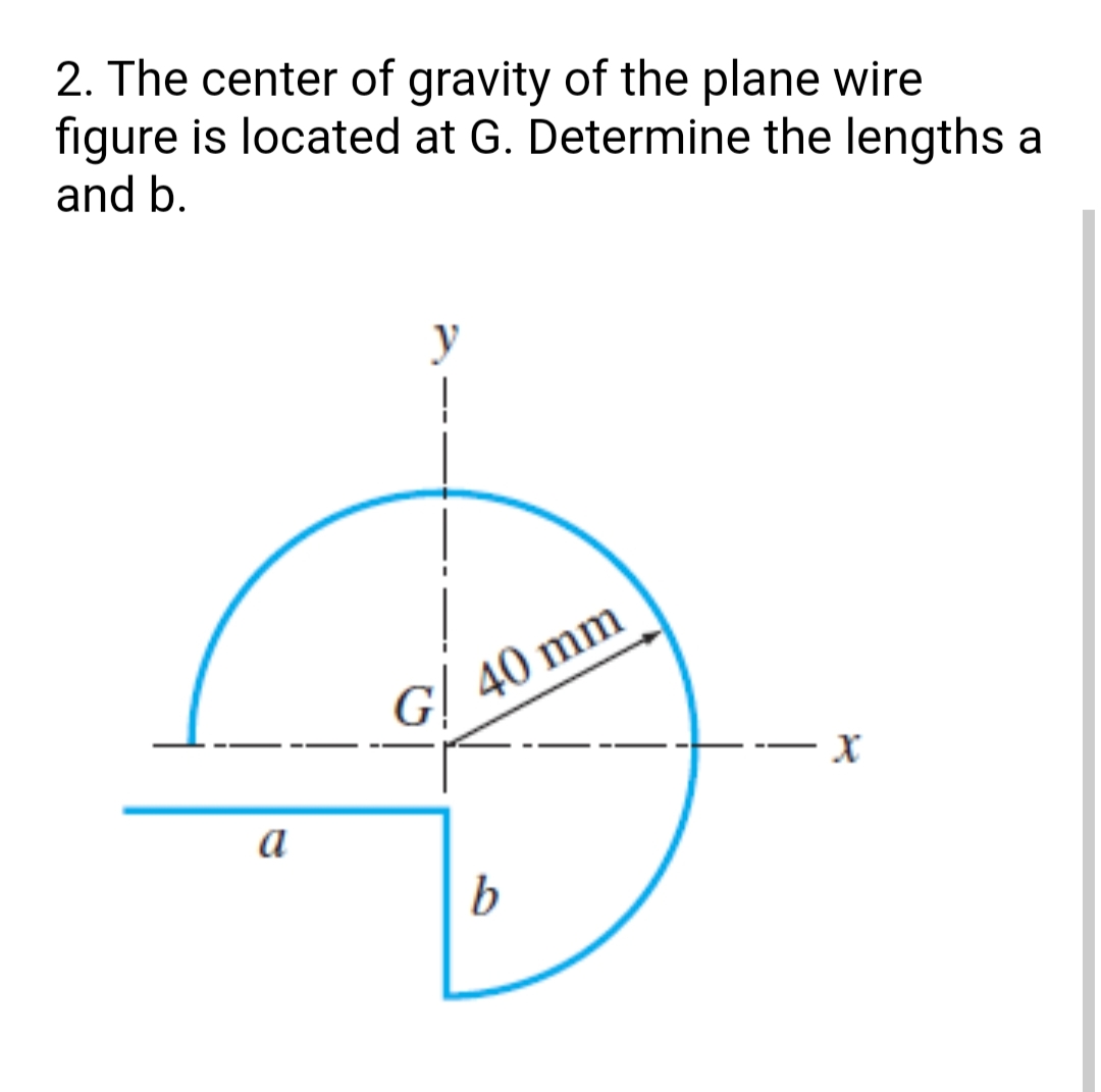 2. The center of gravity of the plane wire
figure is located at G. Determine the lengths a
and b.
y
G!
40 mm
a
