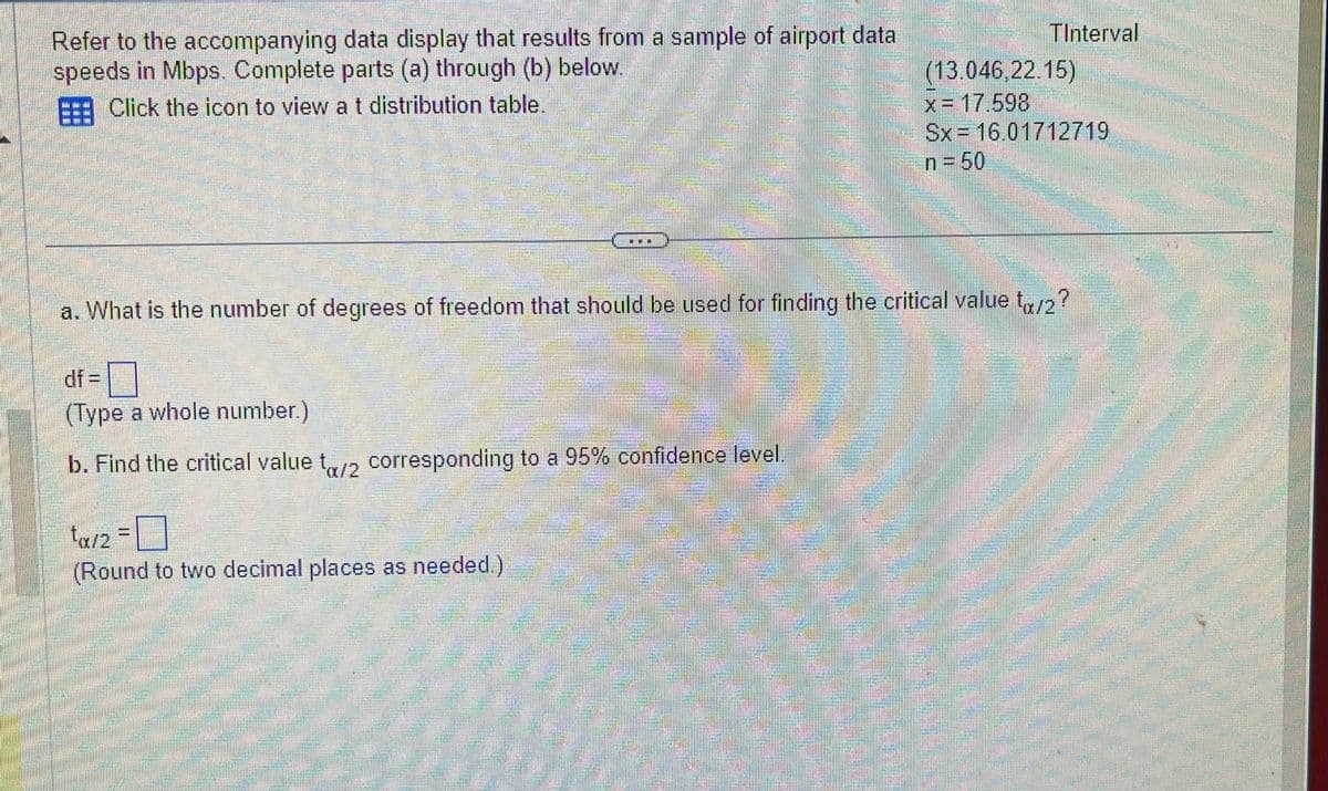 Refer to the accompanying data display that results from a sample of airport data
speeds in Mbps. Complete parts (a) through (b) below.
EEE Click the icon to view a t distribution table.
(Type a whole number.)
b. Find the critical value t/2 corresponding to a 95% confidence level.
a. What is the number of degrees of freedom that should be used for finding the critical value to/2?
¹α/2 =
(Round to two decimal places as needed.)
TInterval
(13.046,22.15)
x = 17.598
Sx 16.01712719
n = 50
Be