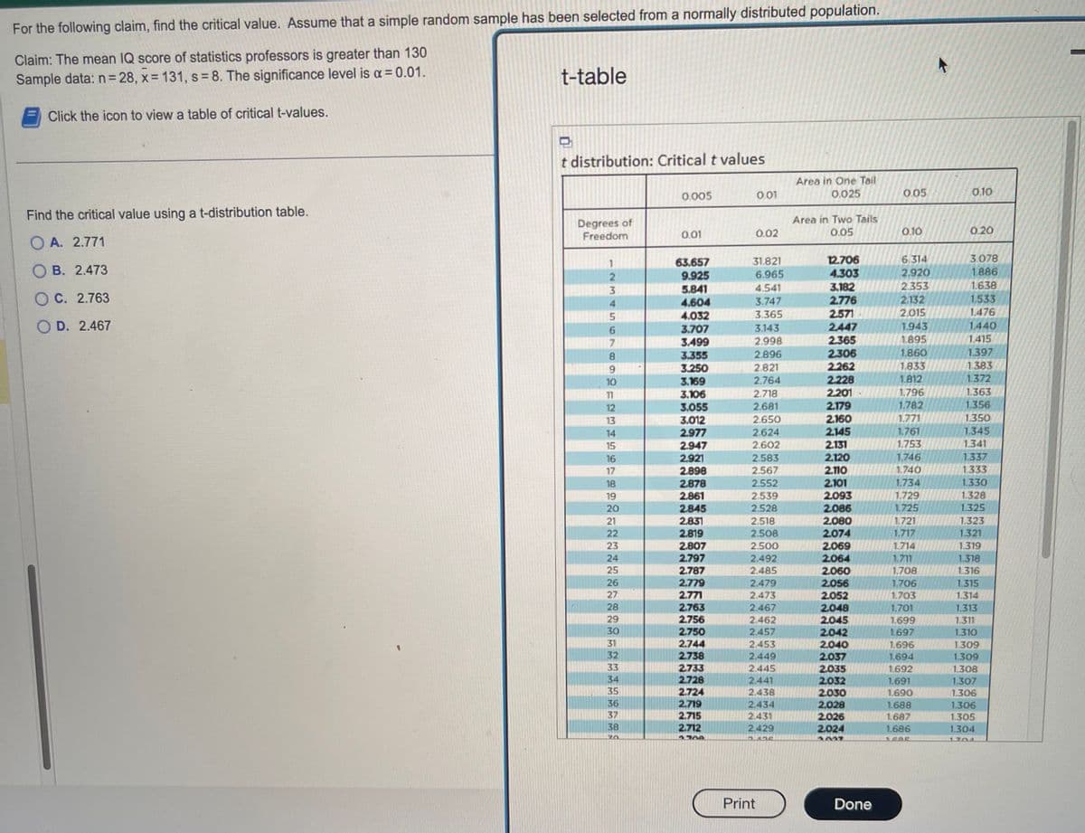 For the following claim, find the critical value. Assume that a simple random sample has been selected from a normally distributed population.
Claim: The mean IQ score of statistics professors is greater than 130
Sample data: n=28, x= 131, s = 8. The significance level is a = 0.01.
Click the icon to view a table of critical t-values.
Find the critical value using a t-distribution table.
OA. 2.771
OB. 2.473
OC. 2.763
OD. 2.467
t-table
t distribution: Critical t values
Degrees of
Freedom
1
23455
2
3
6
7
8
9
10
5.841
4.604
5 4.032
3.707
3.499
11
12
13
14
15
16
17
18
19
20
21
22
23
24
25
1268885MINHAS
27
29
30
31
32
33
34
35
36
37
0.005
38
0.01
63.657
9.925
3.355
3.250
3.169
3.106
3.055
3.012
2.977
2.947
2.921
2.898
2.878
2.861
2.845
2.831
2.819
2.807
2.797
2.787
2.779
2.771
2.763
2.756
2.750
2.744
2.738
2.733
2.728
2.724
2.719
2.715
2.712
2709
0.01
0.02
31.821
6.965
4.541
3.747
3.365
3.143
2.998
2.896
2.821
2.764
2.718
2.681
2.650
2.624
2.602
2.583
2.567
2.552
2.539
2.528
2.518
2.508
2.500
2.492
2.485
2.479
2.473
2.467
2.462
2.457
2.453
2.449
2.445
2.441
2.438
2.434
2.431
2.429
198
Print
Area in One Tail
0.025
Area in Two Tails
0.05
12.706
4.303
3.182
2.776
2.571
2.447
2.365
2.306
2.262
2.228
2.201
2.179
2.160
2.145
2.131
2.120
2.110
2.101
2.093
2.086
2.080
2.074
2.069
2.064
2.060
2.056
2.052
2.048
2.045
2.042
2.040
2.037
2.035
2.032
2.030
2.028
2.026
2.024
2017
Done
0.05
0.10
6.314
2.920
2.353
2.132
2.015
1.943
1.895
1.860
1.833
1.812
1.796
1.782
1.771
1.761
1.753
1.746
1.740
1.734
1.729
1.725
1.721
1.717
1.714
1.711
1.708
1.706
1.703
1.701
1.699
1.697
1.696
1.694
1.692
1.691
1.690
1.688
1.687
1.686
1605
0.10
0.20
3.078
1.886
1.638
1.533
1.476
1.440
1.415
1.397
1.383
1.372
1.363
1.356
1.350
1.345
1.341
1.337
1.333
1.330
1.328
1.325
1.323
1.321
1.319
1.318
1.316
1.315
1.314
1.313
1.311
1.310
1.309
1.309
1.308
1.307
1.306
1.306
1.305
1.304
1704