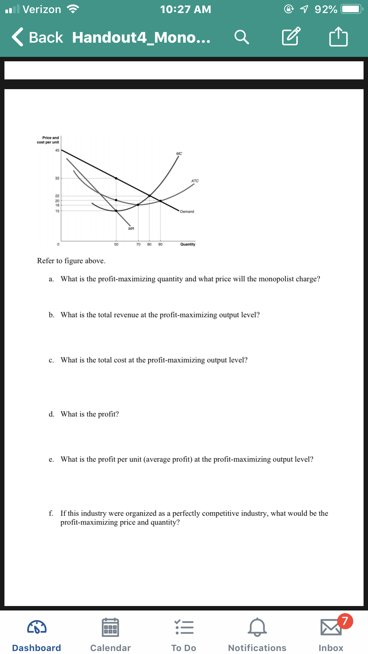 il Verizon
7 92%
10:27 AM
Back Handout4_Mono...
Price and
cost per unit
45
MC
32
ATC
22
20
18
15
Demand
MR
70
80
Quantity
90
Refer to figure above.
What is the profit-maximizing quantity and what price will the monopolist charge?
a.
b. What is the total revenue at the profit-maximizing output level?
What is the total cost at the profit-maximizing output level?
c.
d. What is the profit?
What is the profit per unit (average profit) at the profit-maximizing output level?
e.
If this industry
profit-maximizing price and quantity?
f.
organized as a perfectly competitive industry, what would be the
were
7
Notifications
Dashboard
Calendar
Inbox
To Do
