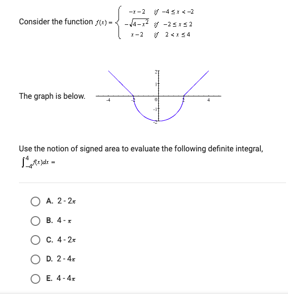 -x -2
if -4 <x <-2
Consider the function f(x) =
-4-x2 f -2<x<2
x- 2
if 2 <x <4
The graph is below.
-4
Use the notion of signed area to evaluate the following definite integral,
A. 2-2x
О В. 4-
O C. 4-2x
O D. 2-4x
O E. 4-4x
