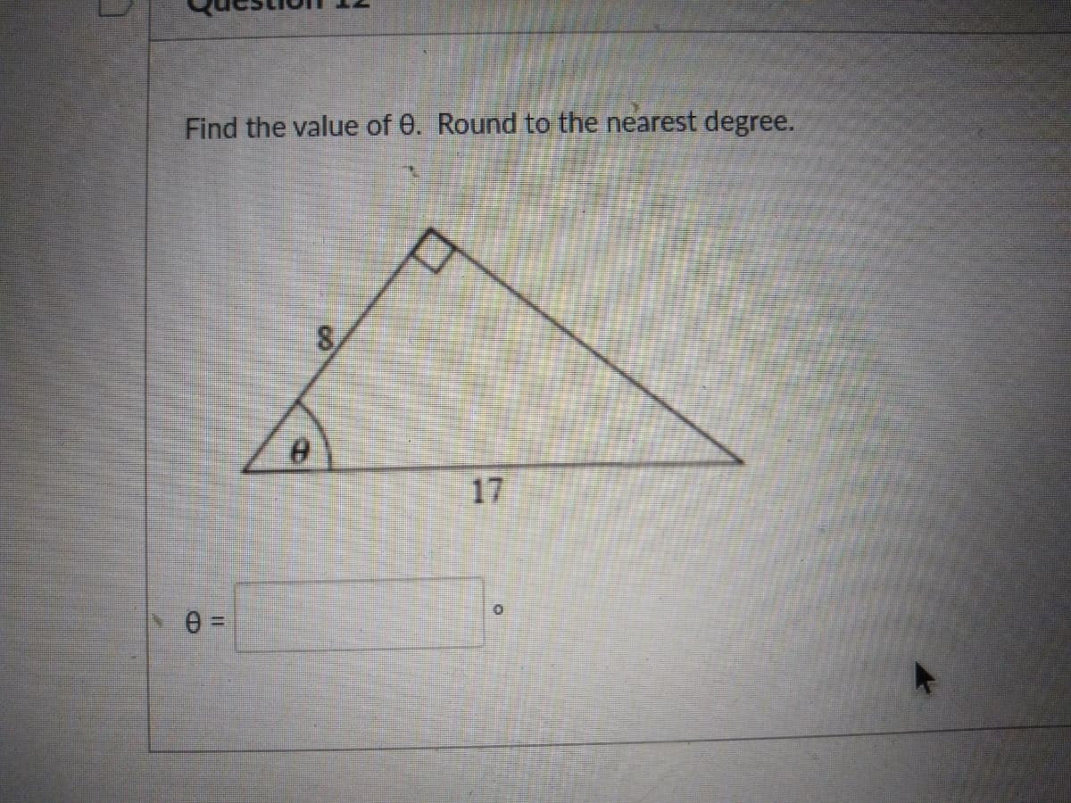 Find the value of 0. Round to the nearest degree.
17
