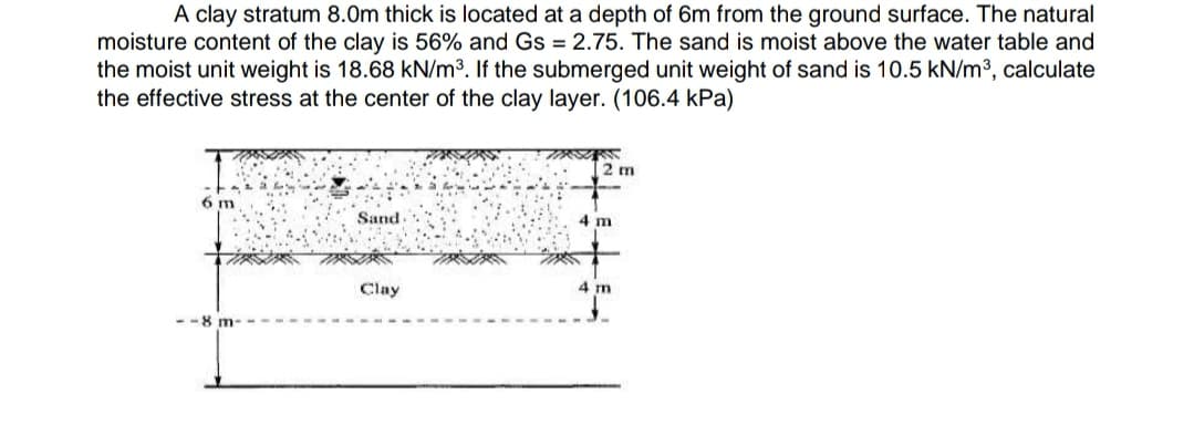 A clay stratum 8.0m thick is located at a depth of 6m from the ground surface. The natural
moisture content of the clay is 56% and Gs = 2.75. The sand is moist above the water table and
the moist unit weight is 18.68 kN/m3. If the submerged unit weight of sand is 10.5 kN/m3, calculate
the effective stress at the center of the clay layer. (106.4 kPa)
2 m
6 m
Sand
4 m
Clay
4 m
--8 m-
