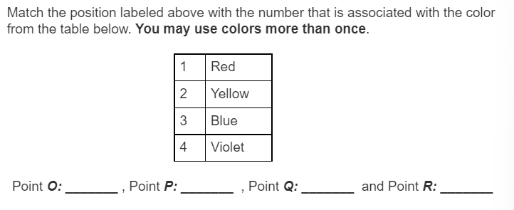 Match the position labeled above with the number that is associated with the color
from the table below. You may use colors more than once.
Red
2
Yellow
3
Blue
4
Violet
Point O:
Point P:
Point Q:
and Point R:
