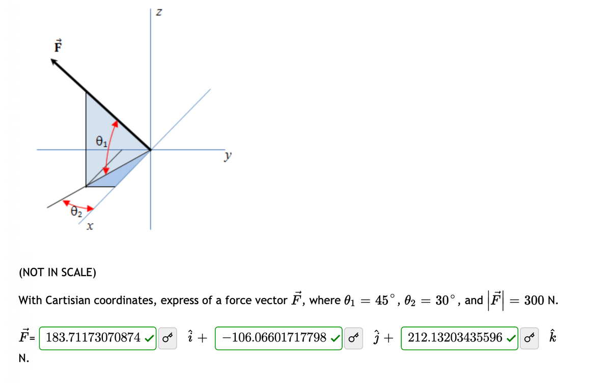 y
(NOT IN SCALE)
With Cartisian coordinates, express of a force vector F, where 01 = 45°, 02 = 30°, and F = 300 N.
F= 183.71173070874 v i +-106.06601717798
o 3+ 212.13203435596 v o k
N.
