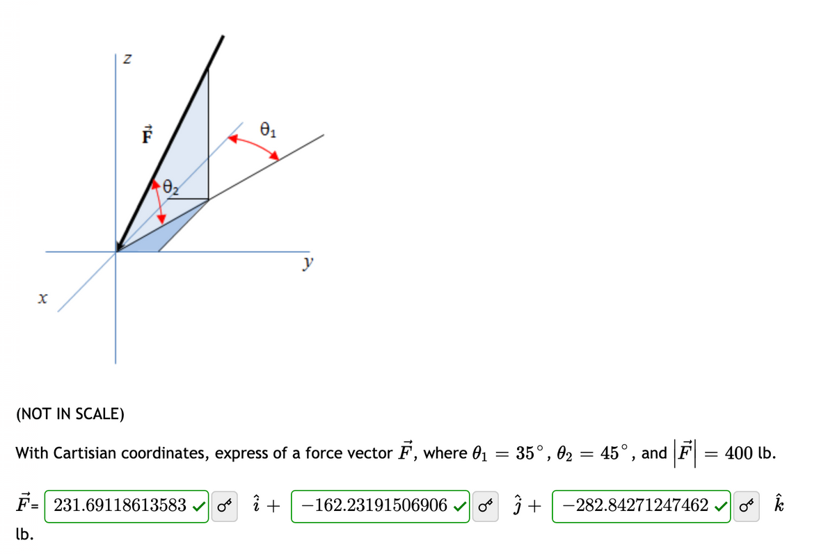 y
(NOT IN SCALE)
With Cartisian coordinates, express of a force vector F, where 01
35°, 02 = 45°, and F
= 400 lb.
F= 231.69118613583
o i +
-162.23191506906 v o 3 + -282.84271247462 v o k
lb.
