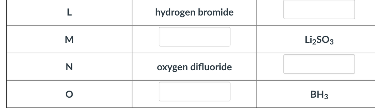 L
hydrogen bromide
M
LizSO3
N
oxygen difluoride
BH3
