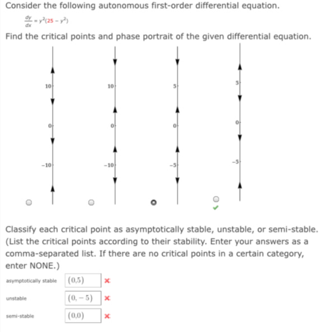 Consider the following autonomous first-order differential equation.
Find the critical points and phase portrait of the given differential equation.
10
-10
-10
Classify each critical point as asymptotically stable, unstable, or semi-stable.
(List the critical points according to their stability. Enter your answers as a
comma-separated list. If there are no critical points in a certain category,
enter NONE.)
asymptotically stable
|(0,5)
unstable
(0,– 5)
semi-stable
(0,0)
