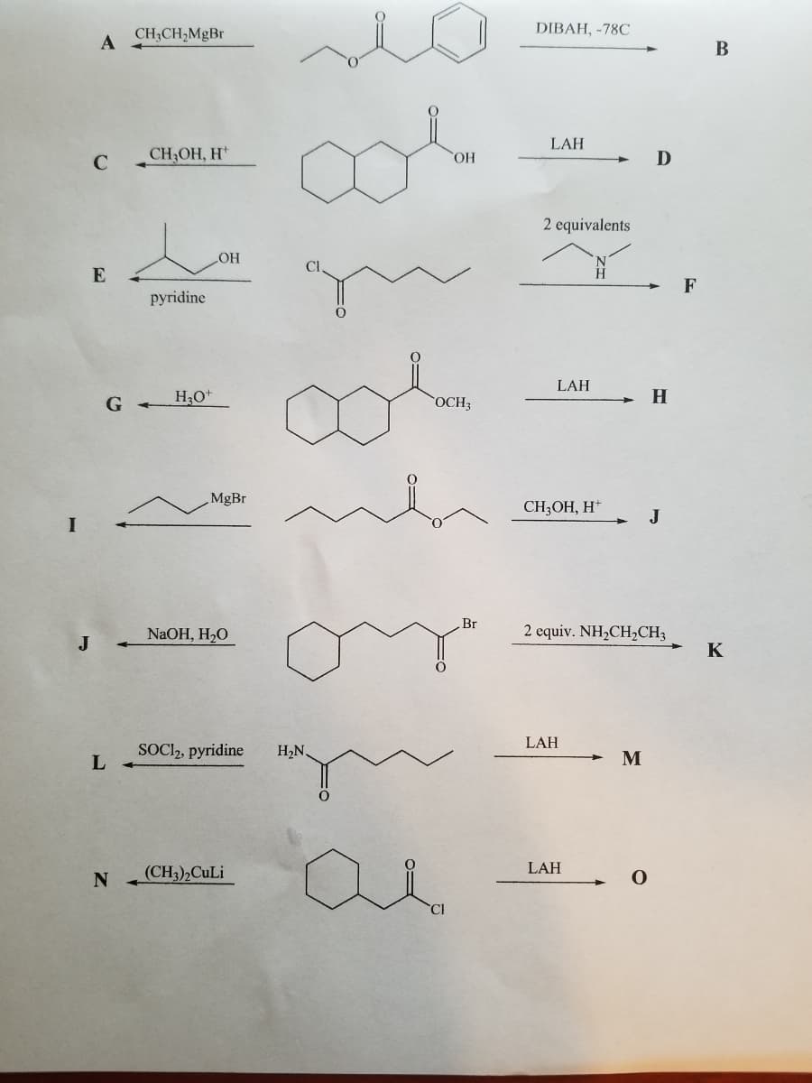 A
J
C
E
G
L
CH₂CH₂MgBr
CH₂OH, H
pyridine
H₂O+
LOH
MgBr
NaOH, H₂O
SOCI2, pyridine H₂N.
N (CH3)2CuLi
OH
OCH3
CI
Br
DIBAH, -78C
LAH
2 equivalents
LAH
CH₂OH, H+
LAH
LAH
2 equiv. NH₂CH₂CH3
M
D
O
H
J
F
B
K