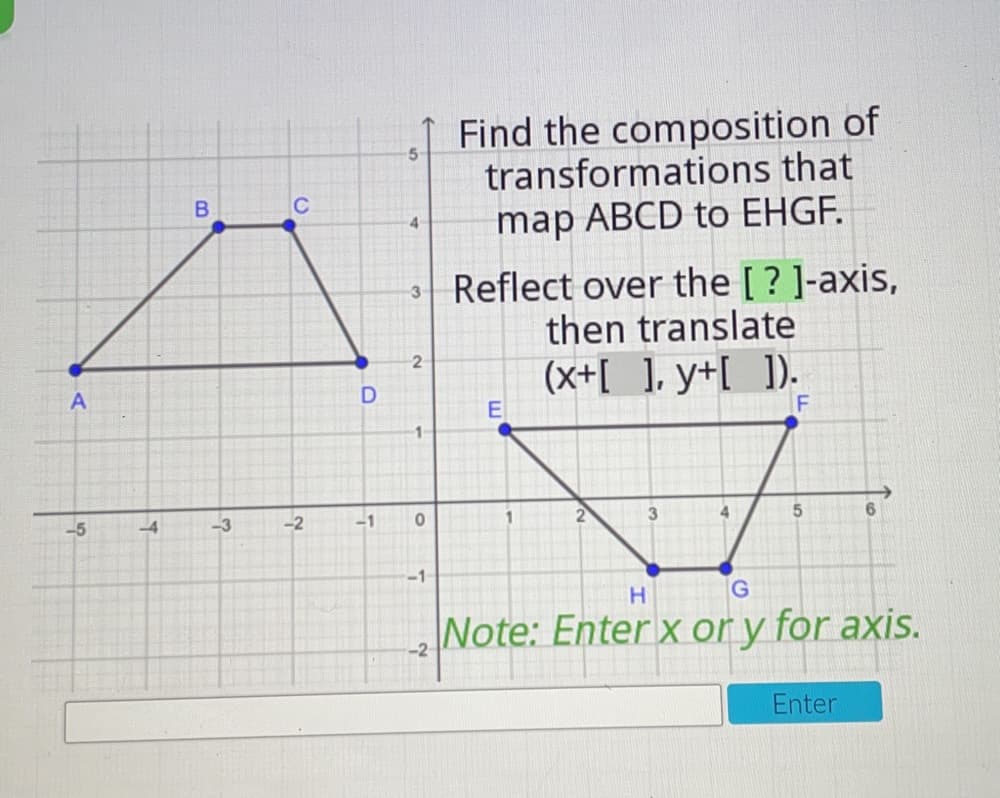 Find the composition of
transformations that
5.
C
map ABCD to EHGF.
4
3 Reflect over the [ ? ]-axis,
then translate
(x+[ ]. y+[ ]).
F
-5
-3
-2
-1
3
-1
H.
G
Note: Enter x or y for axis.
-2
Enter
