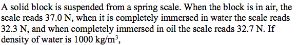 A solid block is suspended from a spring scale. When the block is in air, the
scale reads 37.0 N, when it is completely immersed in water the scale reads
32.3 N, and when completely immersed in oil the scale reads 32.7 N. If
density of water is 1000 kg/m³,