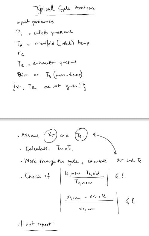 Typical Cyele Analyn's
Input perametes
Pi
inlet pres ue
Ta
manibld Linlet) temp
re
Pe -
exhauft pregind
Bin
Ts (mar.teup)
or
{xr, Te
cre
rot
. Assme
Xr) rd
Te.
. Colculate TmeTi
• Work though he yle, calmlente
メr cne を.
Te, new - Te,old
Te,mew
Chech if
くも
PL°リメ
メ)r
il cot rqent!
