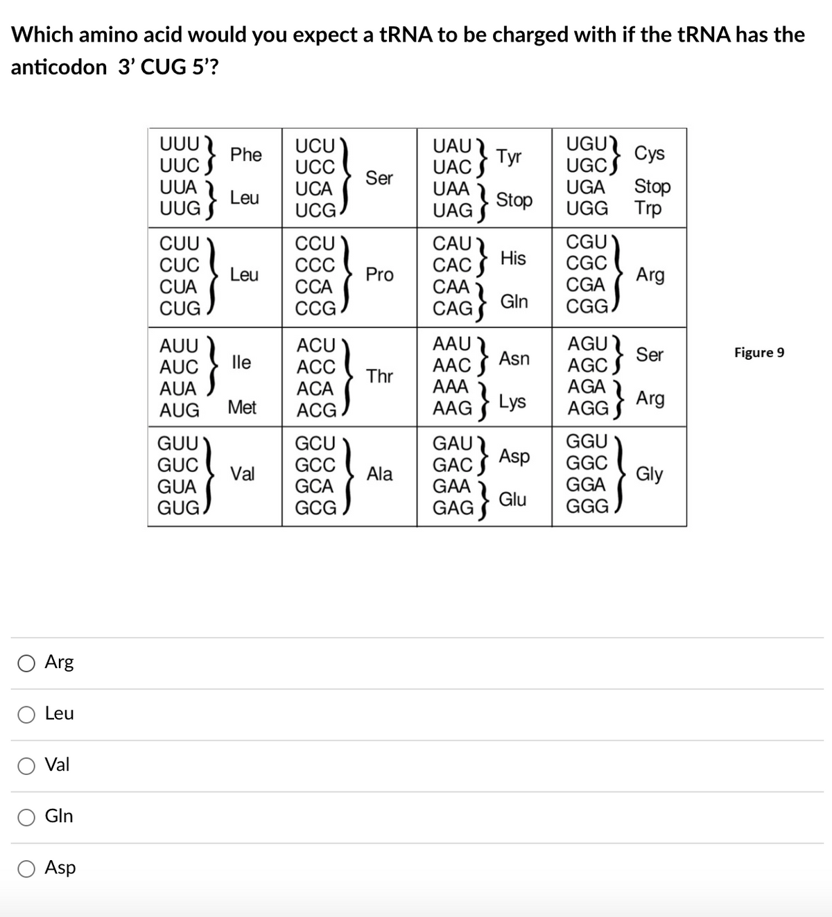 Which amino acid would you expect a tRNA to be charged with if the TRNA has the
anticodon 3' CUG 5'?
UAU
UAC S
UAA Stop
UAG S
UGU
UGCS
UGA
UUU
UCU
UCC
UCA
UCG.
Сys
Phe
UUC S
UUA
Tyr
Ser
Stop
Leu
UUG S
Trp
UGG
CCU
ССС
СА
CAU
CAC
CAA
CAG
CGU
CGC
CUU
His
CUC
CUA
CUG
Leu
Pro
Arg
CGA
CCG.
Gln
CG.
AGU
AGC
AGA
ACU
AAU
AUU
AUC
AU
AUG
lle
AAC S
Asn
Ser
Figure 9
АСC
Thr
AAA
АСА
АCG
AAG Lys
Met
AGG Arg
GGU
GGC
GGA
GGG
GUU
GUC
GCU
GCC
GCA
GCG
GAU
GAC
GAA
Asp
Val
Ala
Gly
GUA
GUG.
Glu
GAG
Arg
Leu
Val
Gln
Asp
