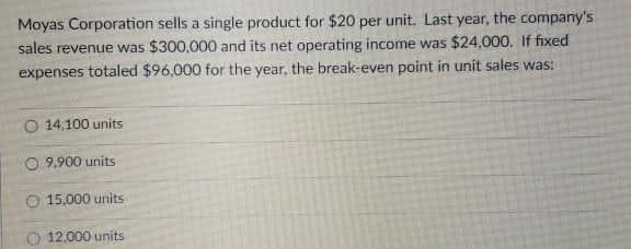 Moyas Corporation sells a single product for $20 per unit. Last year, the company's
sales revenue was $300,000 and its net operating income was $24,000. If fixed
expenses totaled $96,000 for the year, the break-even point in unit sales was:
14,100 units
O 9,900 units
O 15.000 units
O 12.000 units
