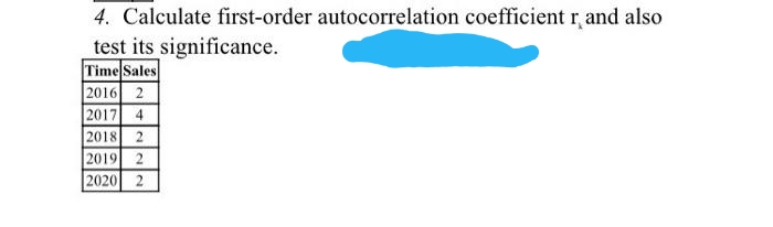 4. Calculate first-order autocorrelation coefficient r and also
test its significance.
Time Sales
2016 2
2017 4
2018 2
2019 2
2020 2
