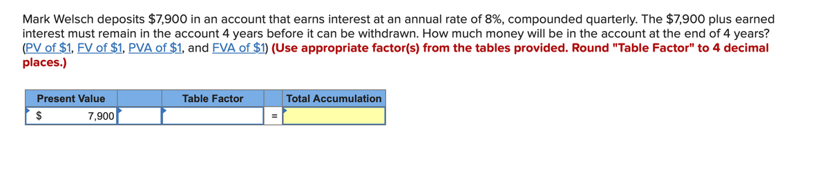 Mark Welsch deposits $7,900 in an account that earns interest at an annual rate of 8%, compounded quarterly. The $7,900 plus earned
interest must remain in the account 4 years before it can be withdrawn. How much money will be in the account at the end of 4 years?
(PV of $1, FV of $1, PVA of $1, and FVA of $1) (Use appropriate factor(s) from the tables provided. Round "Table Factor" to 4 decimal
places.)
Present Value
7,900
Table Factor
=
Total Accumulation