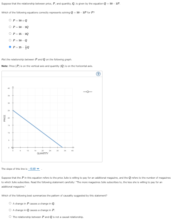 Suppose that the relationship between price, P, and quantity, Q, is given by the equation Q = 50 - 2P.
Which of the following equations correctly represents solving Q = 50-2P for P?
O P = 50+ Q
OP=50-20
OP=25-2Q
OP=50-Q
ⒸP = 25- Q
Plot the relationship between P and Qon the following graph.
Note: Price (P) is on the vertical axis and quantity (Q) is on the horizontal axis.
PRICE
40
35
30
25
15
10
5
0
5
10
15
The slope of this line is -0.50
QUANTITY
30
A
35
Suppose that the P in this equation refers to the price Julie is willing to pay for an additional magazine, and the Q refers to the number of magazines
to which Julie subscribes. Read the following statement carefully: "The more magazines Julie subscribes to, the less she is willing to pay for an
additional magazine."
Which of the following best summarizes the pattern of causality suggested by this statement?
O A change in P causes a change in Q.
O A change in Q causes a change in P.
O The relationship between P and Q is not a causal relationship.