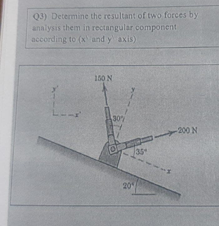 Q3) Determine the resultant of two forces by
analysis them in rectangular component
according to (x and y axis)
150 N
30%
-200 N
35
20
