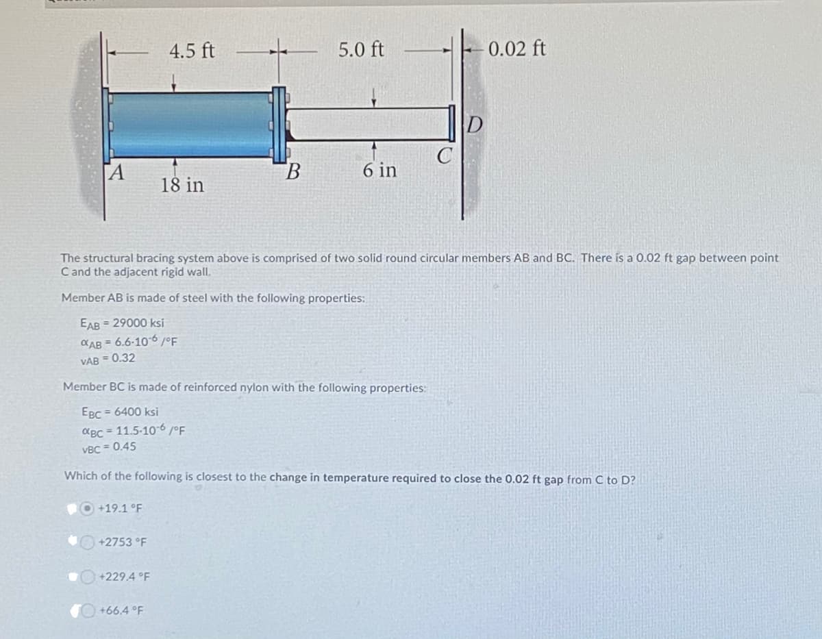 4.5 ft
5.0 ft
0.02 ft
D
[A
B.
6 in
18 in
The structural bracing system above is comprised of two solid round circular members AB and BC. There is a 0.02 ft gap between point
C and the adjacent rigid wall,
Member AB is made of steel with the following properties:
EAB = 29000 ksi
CAB = 6.6-10 6 joF
VAB = 0.32
Member BC is made of reinforced nylon with the following properties:
EBC = 6400 ksi
CBC = 11.5-10 6 oF
VBC = 0.45
Which of the following is closest to the change in temperature required to close the 0.02 ft gap from C to D?
O +19.1 °F
+2753 °F
+229.4 °F
+66.4 °F
