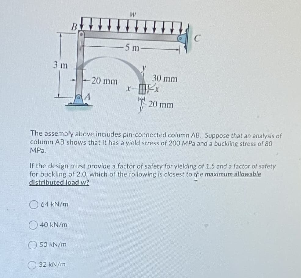 B.
5 m
3 m
30 mm
20 mm
20 mm
The assembly above includes pin-connected column AB. Suppose that an analysis of
column AB shows that it has a yield stress of 200 MPa and a buckling stress of 80
MPa.
If the design must provide a factor of safety for yielding of 1.5 and a factor of safety
for buckling of 2.0, which of the following is closest to the maximum allowable
distributed load w?
O 64 kN/m
O 40 kN/m
O 50 kN/m
O 32 kN/m
