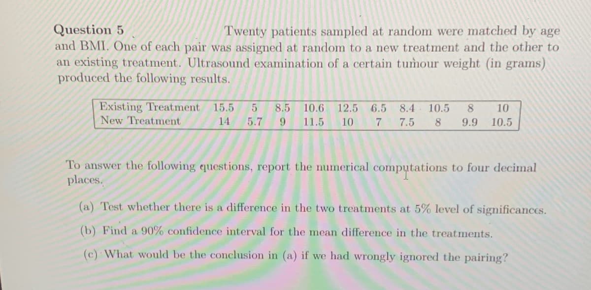 Question 5
Twenty patients sampled at random were matched by age
and BMI. One of each pair was assigned at random to a new treatment and the other to
an existing treatment. Ultrasound examination of a certain tumour weight (in grams)
produced the following results.
Existing Treatment 15.5 5 8.5 10.6 12.5 6.5 8.4 10.5 8 10
New Treatment
14 5.7 9 11.5 10
7.5 8 9.9 10.5
7
To answer the following questions, report the numerical computations to four decimal
places.
(a) Test whether there is a difference in the two treatments at 5% level of significances.
(b) Find a 90% confidence interval for the mean difference in the treatments.
(c) What would be the conclusion in (a) if we had wrongly ignored the pairing?