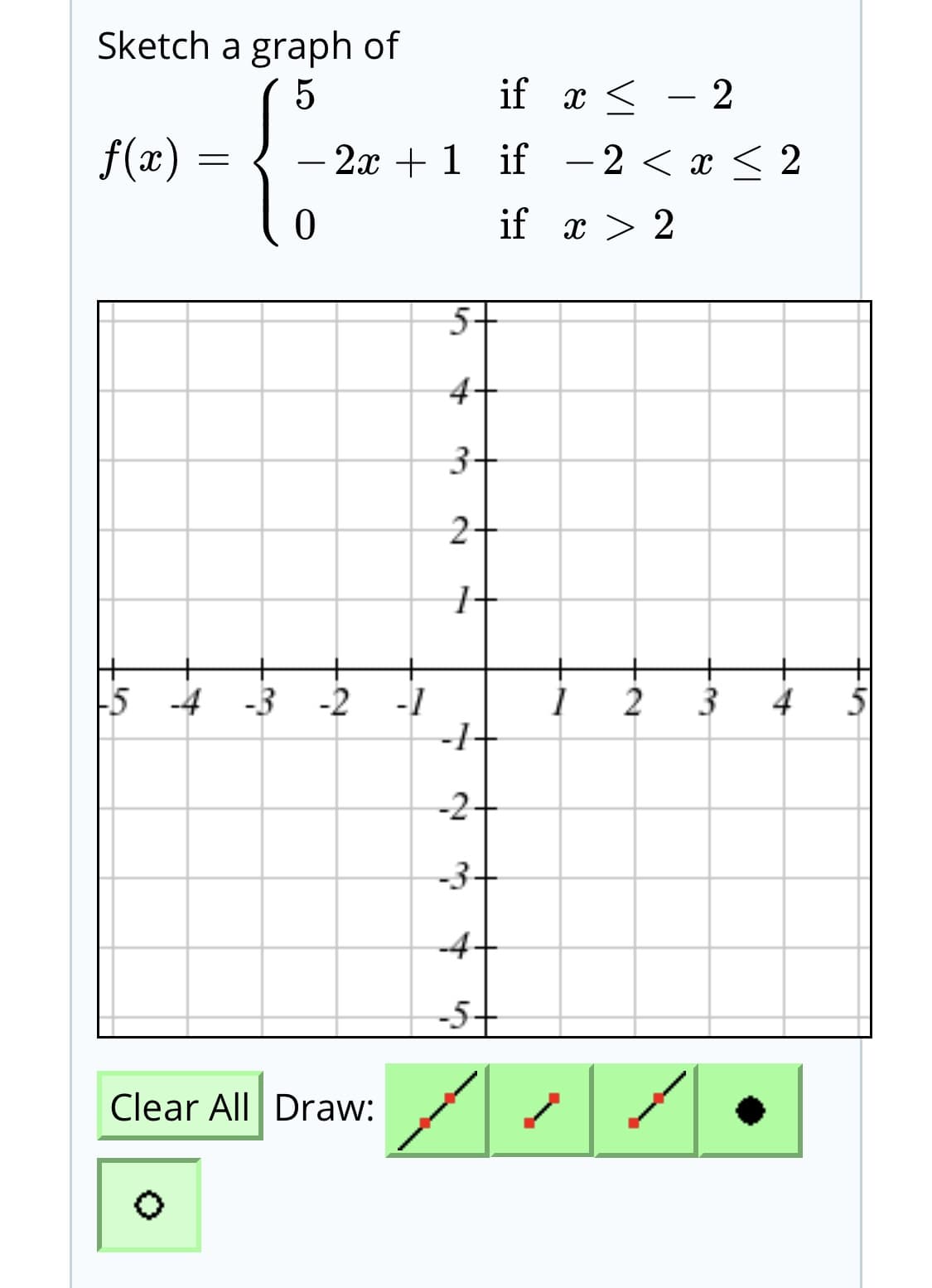 Sketch a graph of
if x < - 2
f(x)
- 2x + 1 if - 2 < x < 2
if x > 2
4+
3-
+
-3 -2
-5 -4
-1
-1-
-2+
-3-
-4+
-5+
Clear All Draw:
4,
2.
