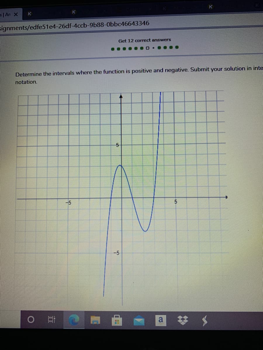 a|An X
K
signments/edfe51e4-26df-4ccb-9b88-0bbc46643346
Get 12 correct answers
.... O. .. ..
Determine the intervals where the function is positive and negative. Submit your solution in inte
notation.
-5
5
-5
近
