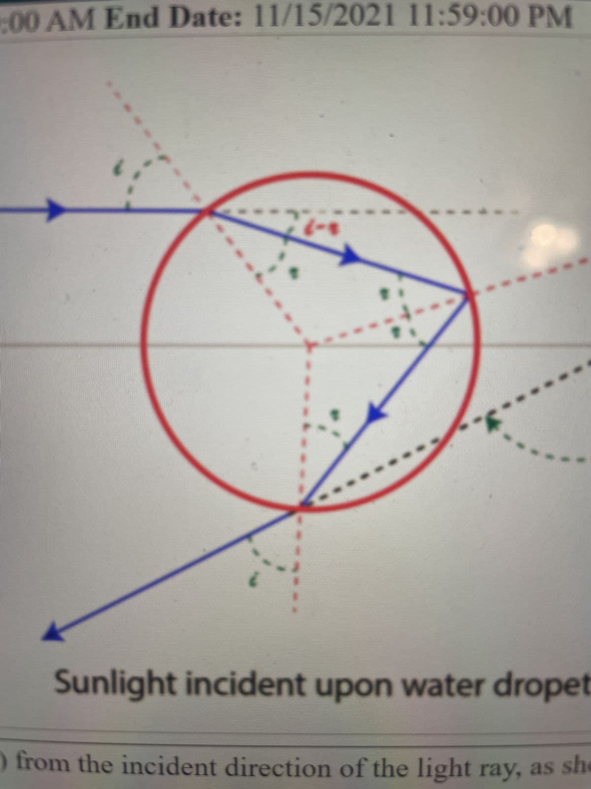 :00 AM End Date: 11/15/2021 11:59:00 PM
$-7
Sunlight incident upon water dropet
) from the incident direction of the light ray, as she
