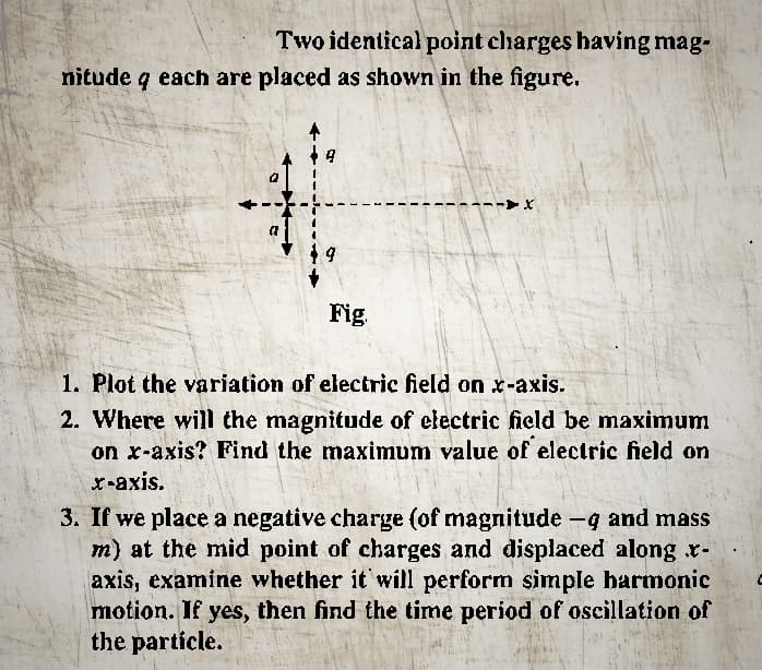 Two identical point charges having mag-
nitude 4 each are placed as shown in the figure.
9
(
+9
Fig
X
1. Plot the variation of electric field on x-axis.
2. Where will the magnitude of electric field be maximum
on x-axis? Find the maximum value of electric field on
x-axis.
3. If we place a negative charge (of magnitude -g and mass
m) at the mid point of charges and displaced along .x-
axis, examine whether it will perform simple harmonic
motion. If yes, then find the time period of oscillation of
the particle.