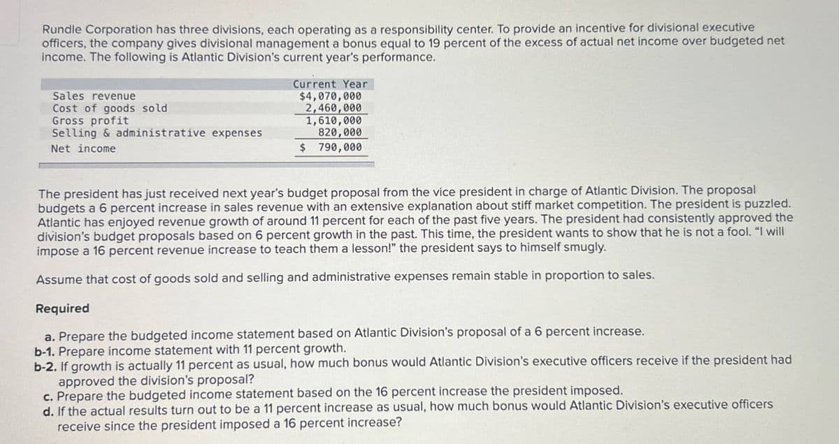 Rundle Corporation has three divisions, each operating as a responsibility center. To provide an incentive for divisional executive
officers, the company gives divisional management a bonus equal to 19 percent of the excess of actual net income over budgeted net
income. The following is Atlantic Division's current year's performance.
Sales revenue
Cost of goods sold
Gross profit
Selling & administrative expenses
Net income
Current Year
$4,070,000
2,460,000
1,610,000
820,000
$ 790,000
The president has just received next year's budget proposal from the vice president in charge of Atlantic Division. The proposal
budgets a 6 percent increase in sales revenue with an extensive explanation about stiff market competition. The president is puzzled.
Atlantic has enjoyed revenue growth of around 11 percent for each of the past five years. The president had consistently approved the
division's budget proposals based on 6 percent growth in the past. This time, the president wants to show that he is not a fool. "I will
impose a 16 percent revenue increase to teach them a lesson!" the president says to himself smugly.
Assume that cost of goods sold and selling and administrative expenses remain stable in proportion to sales.
Required
a. Prepare the budgeted income statement based on Atlantic Division's proposal of a 6 percent increase.
b-1. Prepare income statement with 11 percent growth.
b-2. If growth is actually 11 percent as usual, how much bonus would Atlantic Division's executive officers receive if the president had
approved the division's proposal?
c. Prepare the budgeted income statement based on the 16 percent increase the president imposed.
d. If the actual results turn out to be a 11 percent increase as usual, how much bonus would Atlantic Division's executive officers
receive since the president imposed a 16 percent increase?