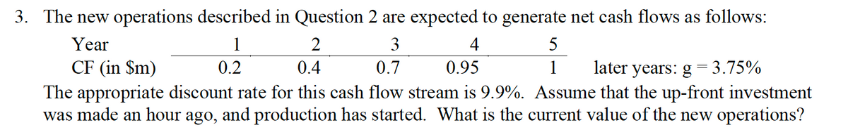 3. The new operations described in Question 2 are expected to generate net cash flows as follows:
3
Year
CF (in $m)
1
0.2
0.7
5
1
4
2
0.4
0.95
later years: g = 3.75%
The appropriate discount rate for this cash flow stream is 9.9%. Assume that the up-front investment
was made an hour ago, and production has started. What is the current value of the new operations?