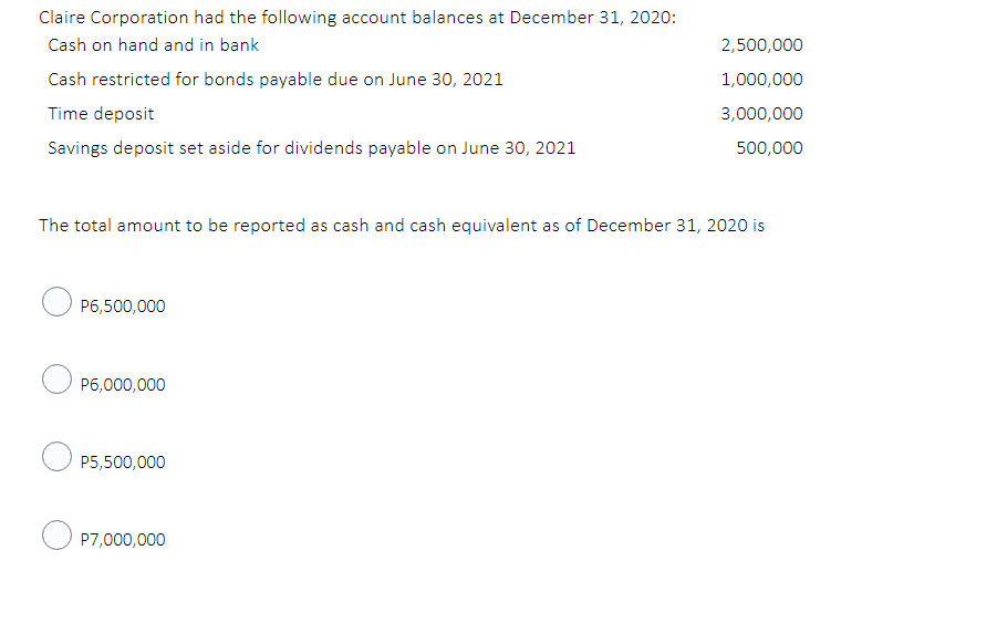 Claire Corporation had the following account balances at December 31, 2020:
Cash on hand and in bank
2,500,000
Cash restricted for bonds payable due on June 30, 2021
1,000,000
Time deposit
3,000,000
Savings deposit set aside for dividends payable on June 30, 2021
500,000
The total amount to be reported as cash and cash equivalent as of December 31, 2020 is
P6,500,000
P6,000,000
P5,500,000
O P7,000,000