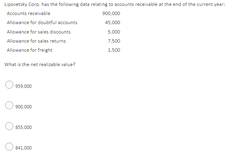 Lipovetsky Corp. has the following data relating to accounts receivable at the end of the current year:
Accounts receivable
900,000
Allowance for doubtful accounts
45,000
Allowance for sales discounts
5,000
Allowance for sales returns
7,500
Allowance for freight
1,500
What is the net realizable value?
959,000
900,000
855,000
841,000