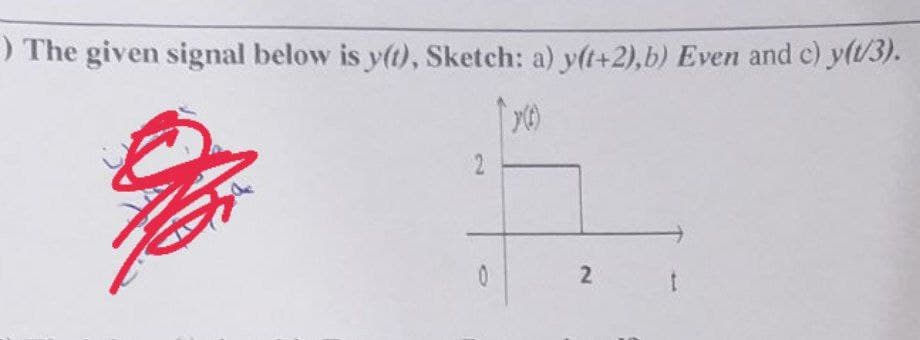 ) The given signal below is y(t), Sketch: a) y(t+2),b) Even and c) y(t/3).
1x0
2
0
2