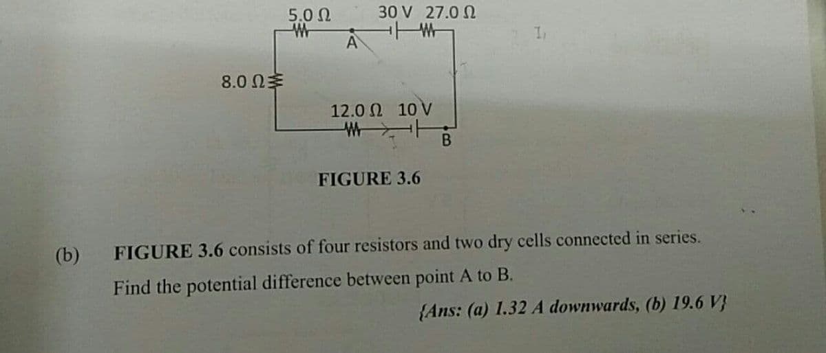 5.0 Ω
30 V 27.0 N
8.0 0
12.0 Ω 10 V
FIGURE 3.6
(b)
FIGURE 3.6 consists of four resistors and two dry cells connected in series.
Find the potential difference between point A to B.
{Ans: (a) I.32 A downwards, (b) 19.6 V}
