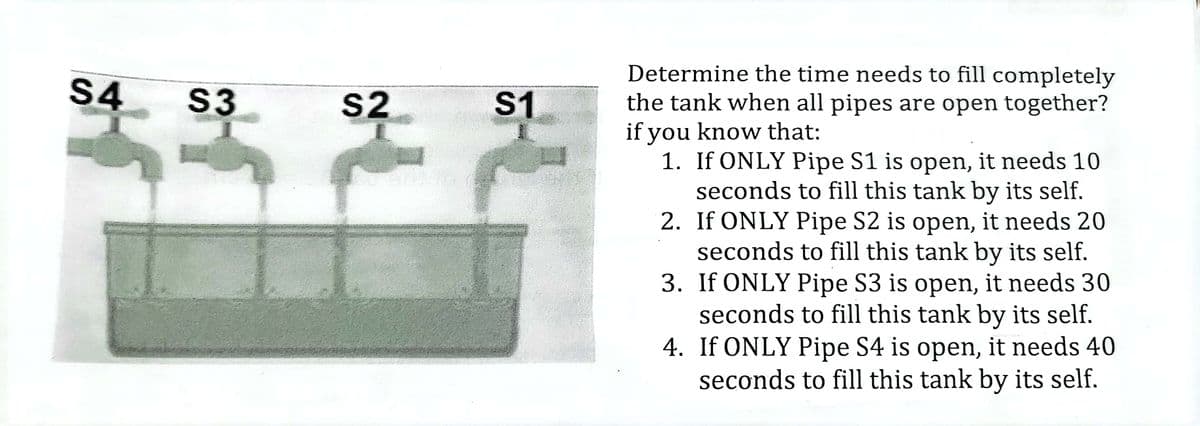 S4 S3
S2
S1
3
Determine the time needs to fill completely
the tank when all pipes are open together?
if you know that:
2.
1. If ONLY Pipe S1 is open, it needs 10
seconds to fill this tank by its self.
If ONLY Pipe S2 is open, it needs 20
seconds to fill this tank by its self.
If ONLY Pipe S3 is open, it needs 30
seconds to fill this tank by its self.
4. If ONLY Pipe S4 is open, it needs 40
seconds to fill this tank by its self.
3.