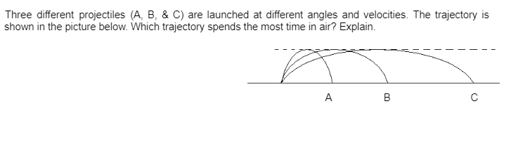 Three different projectiles (A, B, & C) are launched at different angles and velocities. The trajectory is
shown in the picture below. Which trajectory spends the most time in air? Explain.
A
B
с