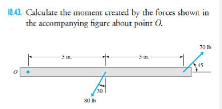 10.43. Calculate the moment created by the forces shown in
the accompanying figure about point O.
0
-5 in.-
80 lb
30
-5 in.
70 lb