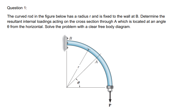 Question 1:
The curved rod in the figure below has a radius r and is fixed to the wall at B. Determine the
resultant internal loadings acting on the cross section through A which is located at an angle
e from the horizontal. Solve the problem with a clear free body diagram.
B
A
P
